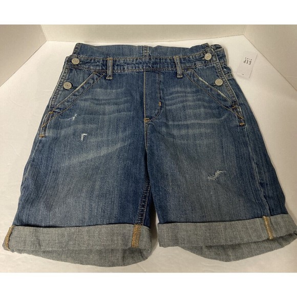 NWT GAP Girls Kids Bib Denim Jean Distressed Overall Shorts Cuffed XL Regular - Picture 4 of 9
